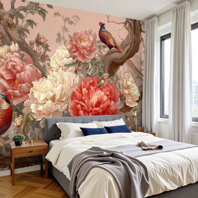Papier peint adhésif pelez et collez surdimensionné pivoines en fleurs Vibrant Pheasants Pale Blush Backdrop Wall Murals H 100 po x l 144 po Papier mural amovible en PVC auto-adhésif pour le salon de la chambre Bureau à domicile