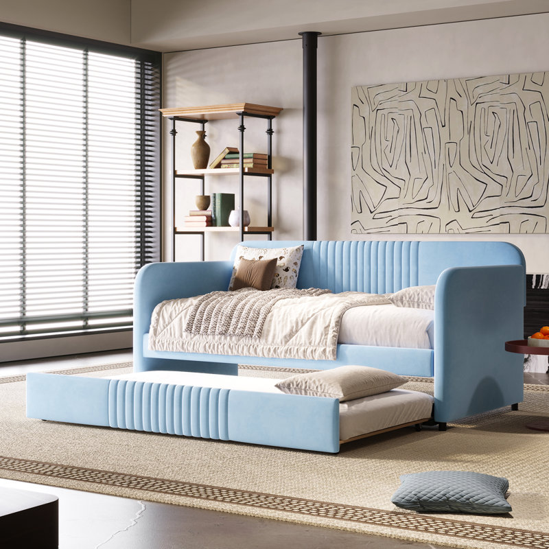 Emeryville Upholstered Daybed with Trundle, Blue