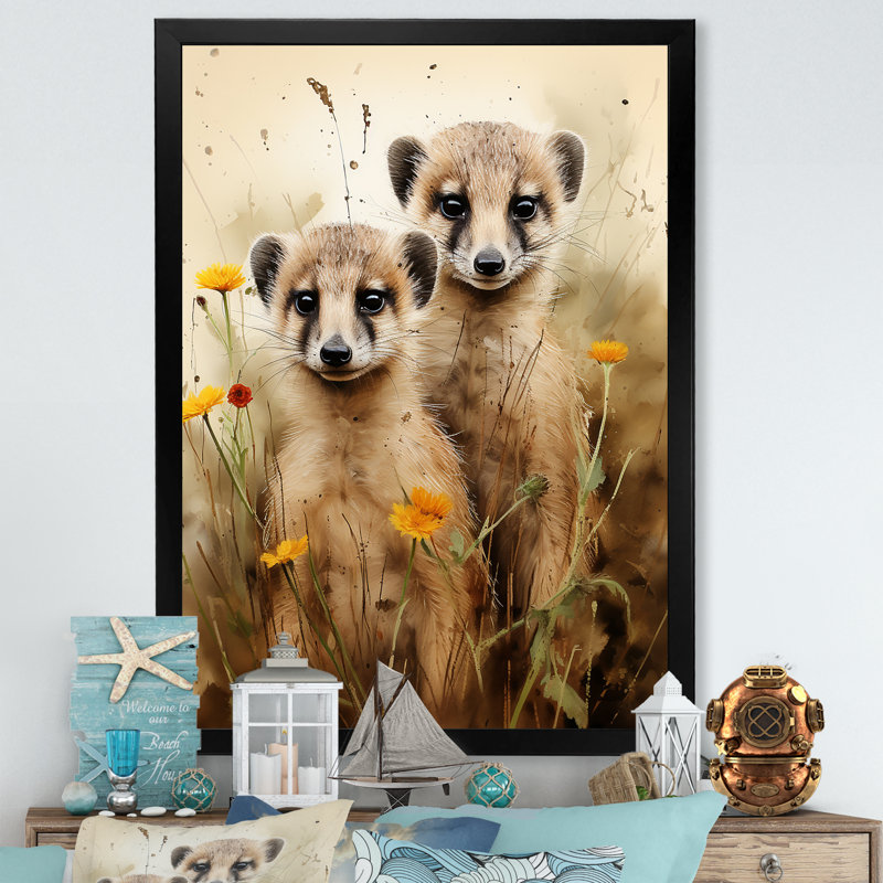 «Otters Meadow Blooms Playtime - Marine Art», art mural, Cadre simple noir, H 20 po x l 12 po x P 1 po