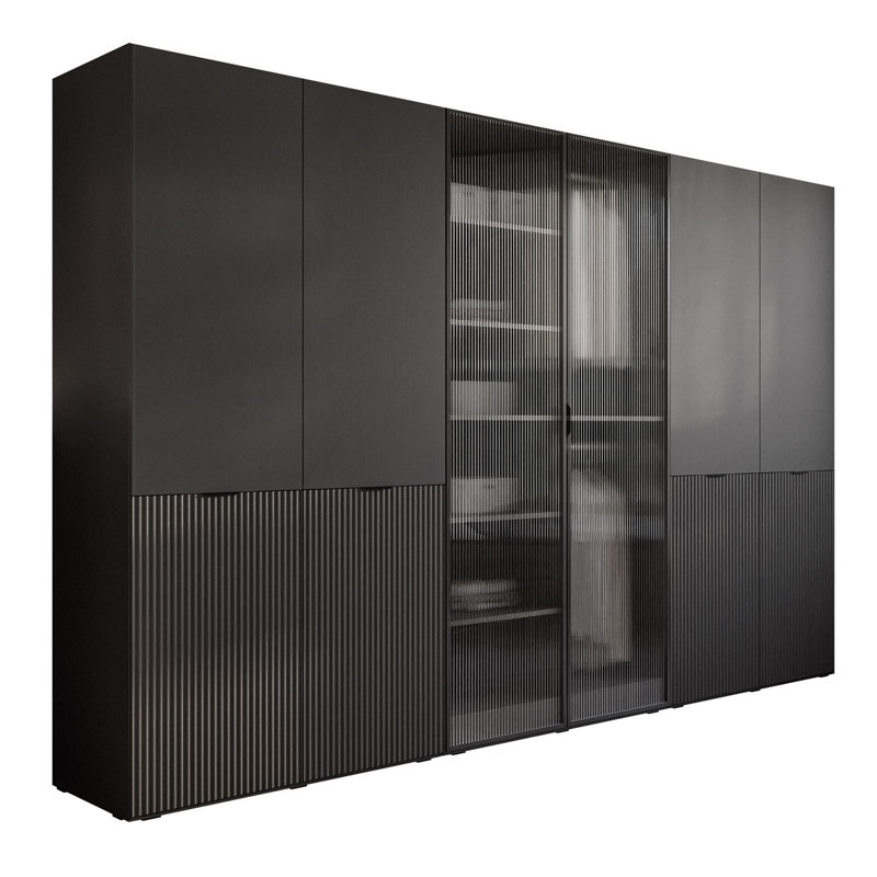 Manufactured Wood Wardrobe, Black Graphite/Fluted Glass
