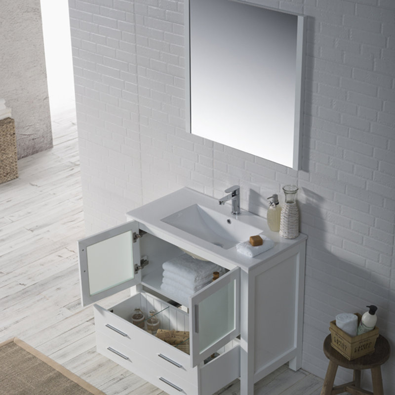 Mance 36 Inch Single Bathroom Vanity with Ceramic Sink Top, Storage Drawers, Soft-Close Doors & Mirror – Modern Bathroom Cabinet for Small & Large Bathrooms
