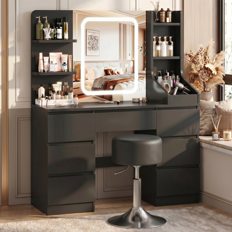 110Cm Desktop Grey Dressing Table 3 Colorful Light Makeup Vanity Table With Stool, Black