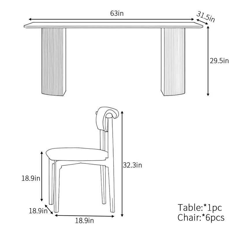 Nordic simple rectangular dining table set, 29.5" H x 63" L x 31.5" W