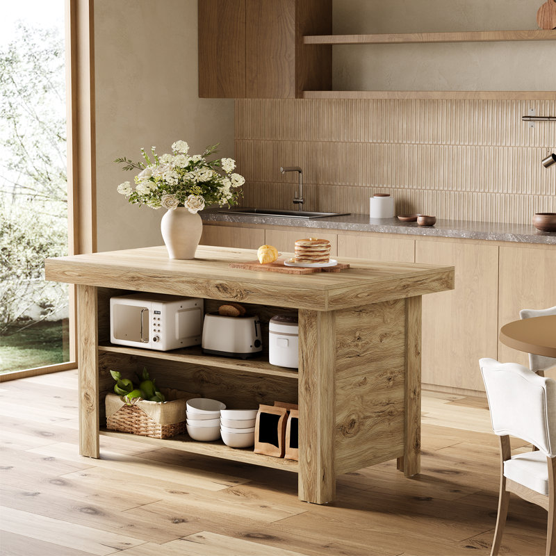 55" Kitchen Island With Storage, Farmhouse Island Table Counter Height Bar Table, Oak