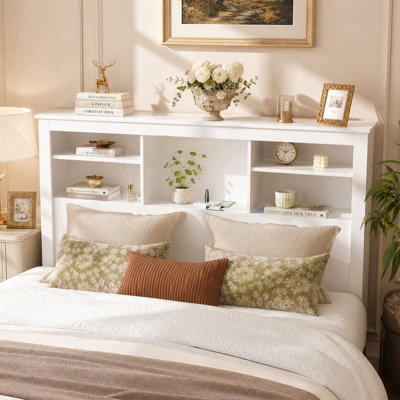 65" W Queen Bookcase Headboard with LED Lights, 5 Storage Shelves & Charging Station