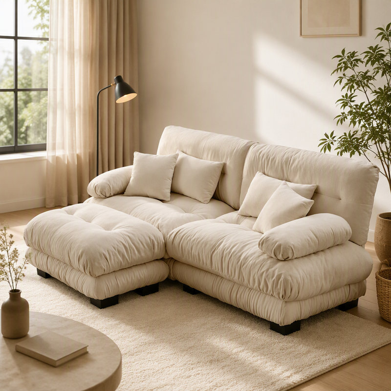 Luxueux canapé en chenille pour le salon avec plusieurs coussins et repose-pieds convertible, pour plus de confort et de style.