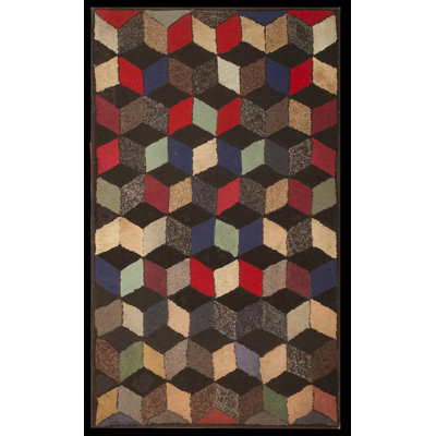 Small Antique Colorful Tumbling Block Pattern American Folk Art Hooked Rug