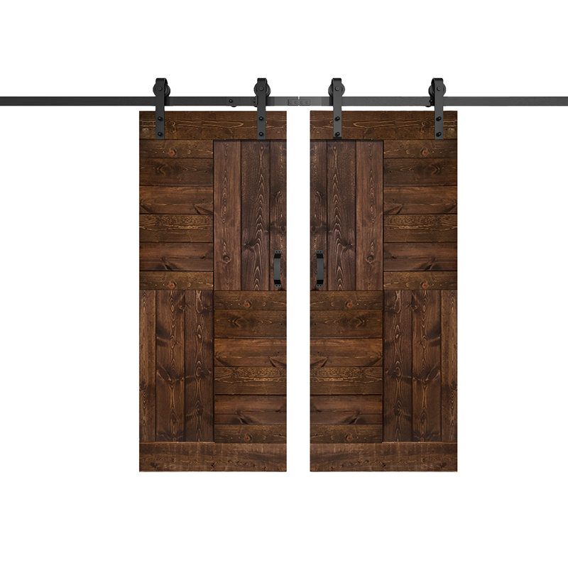 Porte de grange coulissante double en bois massif avec trousse de quincaillerie brevetée S Series - assemblage requis