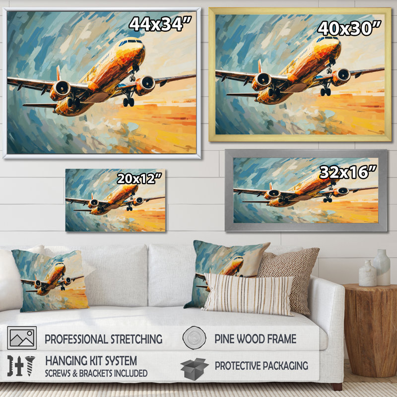 Avion bleu sarcelle sous un nuage abstrait sur toile, Toile tendue, H 34 po x l 44 po x P 1,5 po