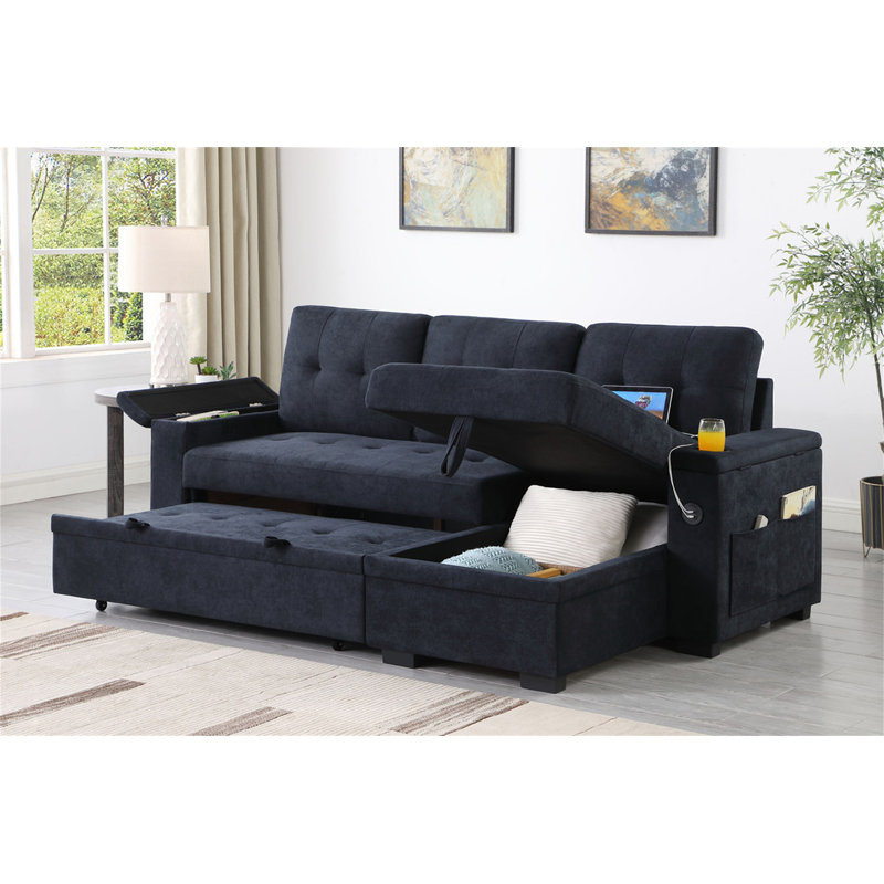 Aurora II 84"W Dark Gray Woven Fabric Reversible Sleeper Sectional Sofa With Storage Chaise, Dark Gray Fabric
