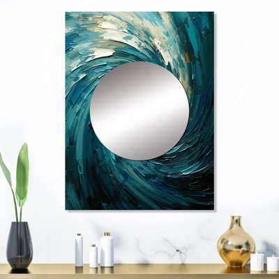 Romanes bleu sarcelle Majestic Motion IV - grand miroir mural spirales abstraites, miroir décoratif bleu, impression d'art en métal