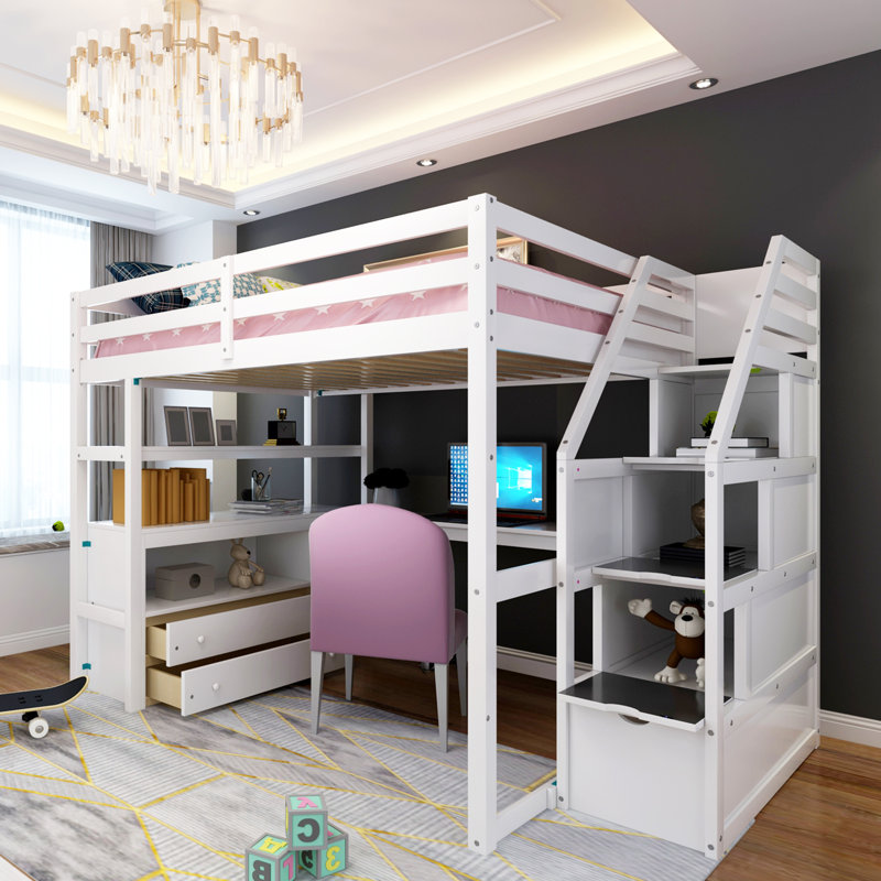 Helenna Kids Full Loft Bed with Drawers, White
