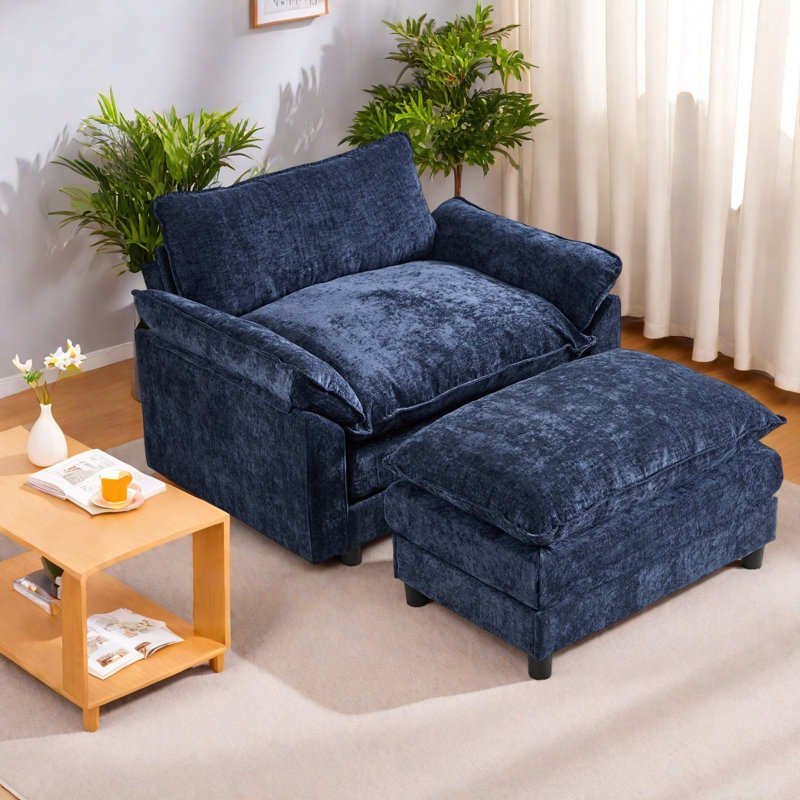 Fauteuils d'appoint modernes avec repose-pieds, structure en bois et chenille bleue, salon