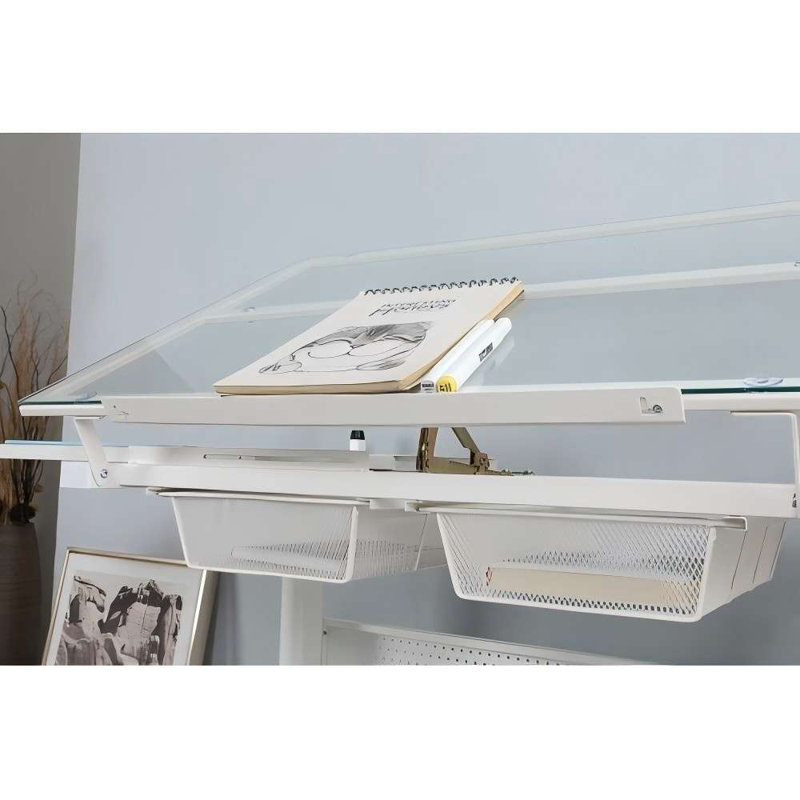 Hand Crank Adjustable Drafting Table Drawing Desk With 2 Metal Drawers (white)with Stool