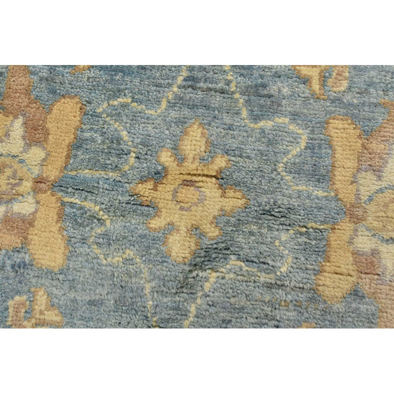 Tapis bleu en laine noué à la main de conception unique 3 pi 11 po x 6 pi 1 po
