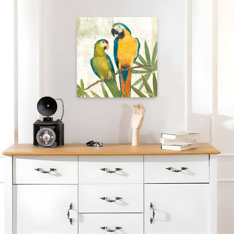Oiseaux d'une plume carrée II, palmier, art tropical, H 18 po x l 18 po