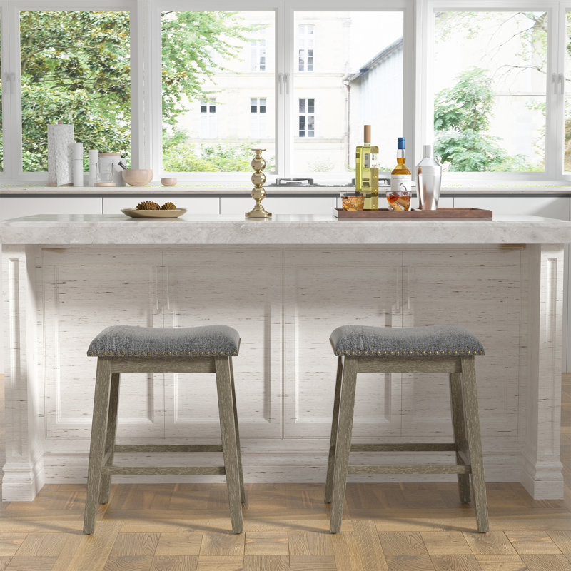 Wood Upholstered Bar Stools (Set of 2), Gray, Counter Stool (24" Seat Height)