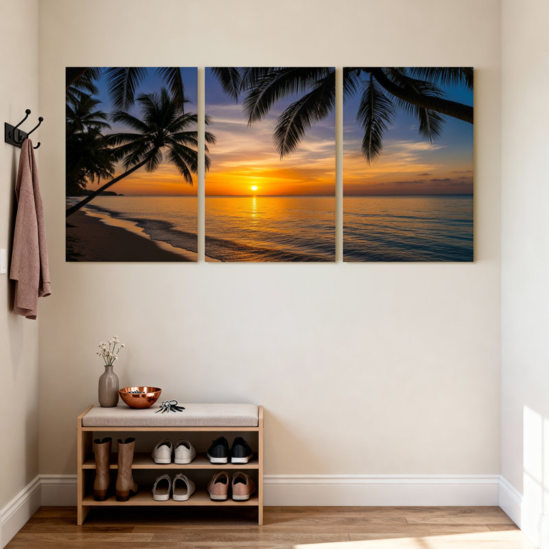 Palmiers, coucher de soleil, plage, palmiers, océan, ciel, reflet, sable, ensemble de 3 impressions sur toile