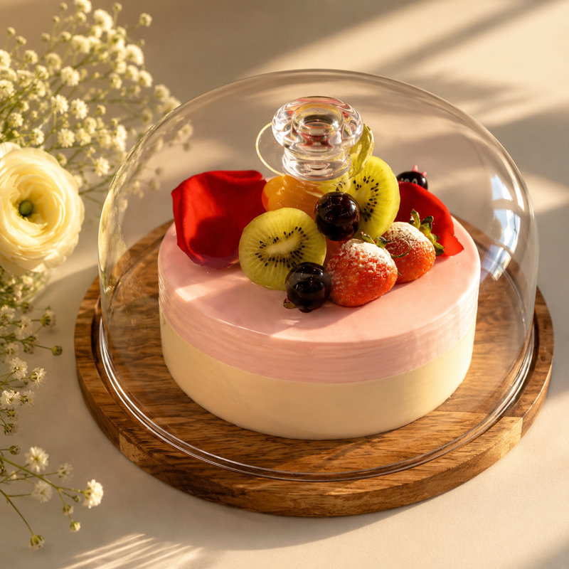 Round Wooden Decorative Cake and Snack Serving Tray with Clear Cover, Wooden