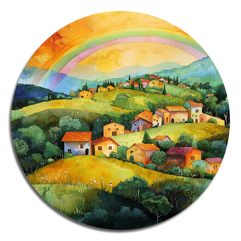 Rainbow Over The Hillside Village I - art mural rond en métal arc-en-ciel, H 29 po x l 29 po