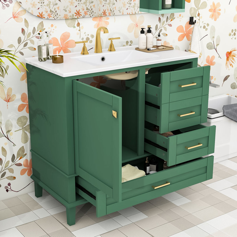 Bathroom Vanity with Soft-Close Doors, Overflow Basin and Versatile Storage, Green/Gold