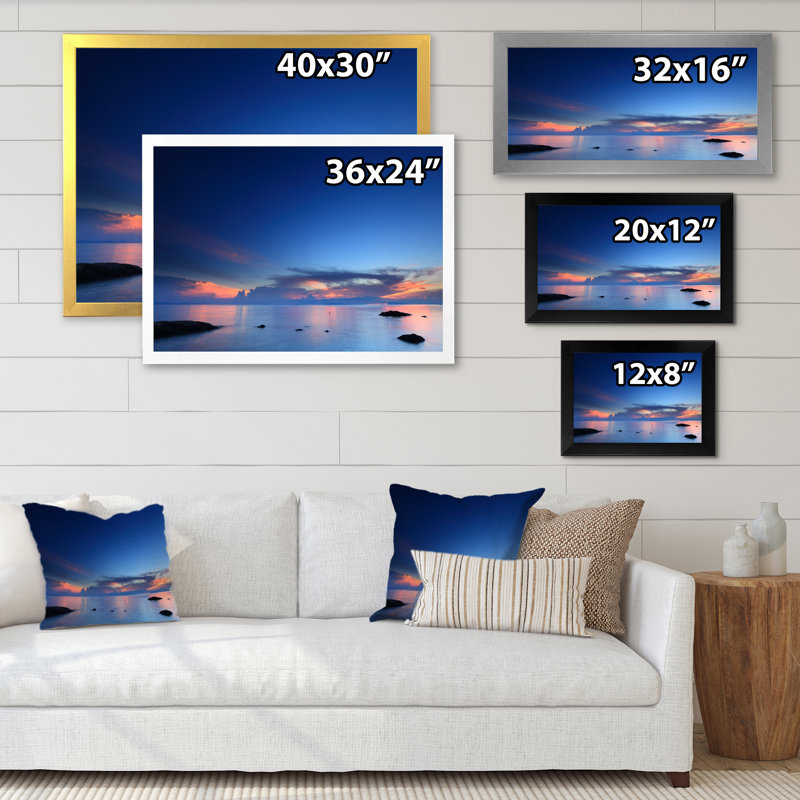 «Vibrant Panoramic Tropical Seascape Sunset», reproduction sur toile, H 8 po x l 12 po x P 1 po, Cadre d'angle fermé noir
