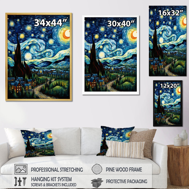 «Masterwork The Starry Day» par Vincent VI, reproduction sur toile, H 20 po x l 12 po x P 1 po, Cadre flottant doré