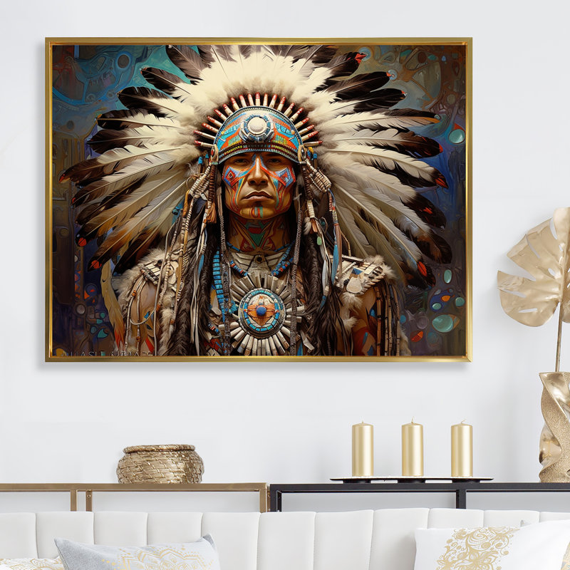 Native Honor Traditional Warrior I - Art amérindien, art mural, Cadre flottant doré, 30" H x 40" W
