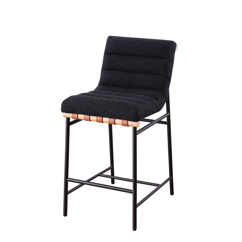 Chaise à hauteur de comptoir de style moderne avec bandes en cuir cognac et dossier en tissu de luxe avec sangles décoratives en bois noir