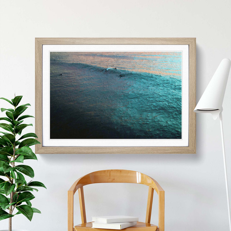 Surfing at Sunset - Picture Frame Graphic Art Print, 36cm H x 48cm W x 2cm D, Oak Framed