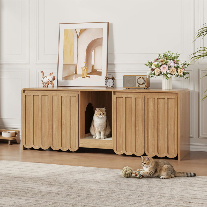 Enceinte de litière pour 2 chats, litière cachée de 57,9 po avec bloc-notes, litière cannelée moderne pour chat avec chambres doubles