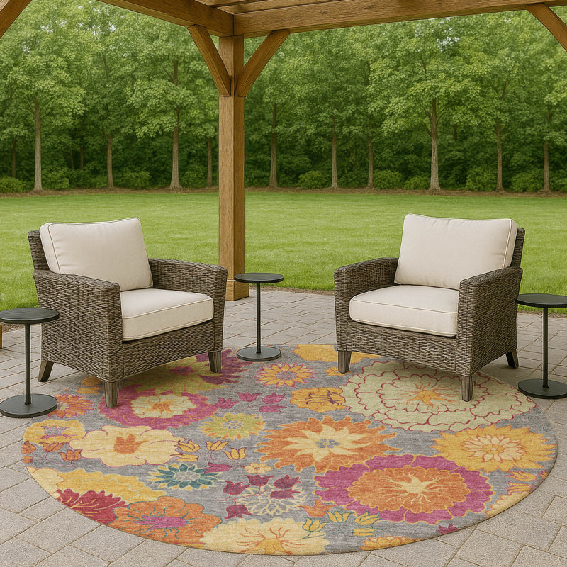Machine Washable Indoor/Outdoor Matteson ACN2293 Floral Rug, Round 8'