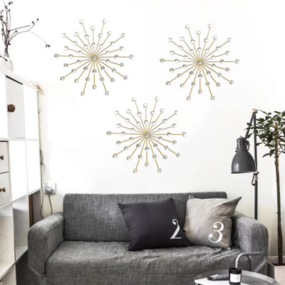 Ensemble de 3 décorations murales en métal soleil levant, art mural étoile dorée avec accents de cristal, suspension murale moderne glamour pour le salon ou la chambre à coucher
