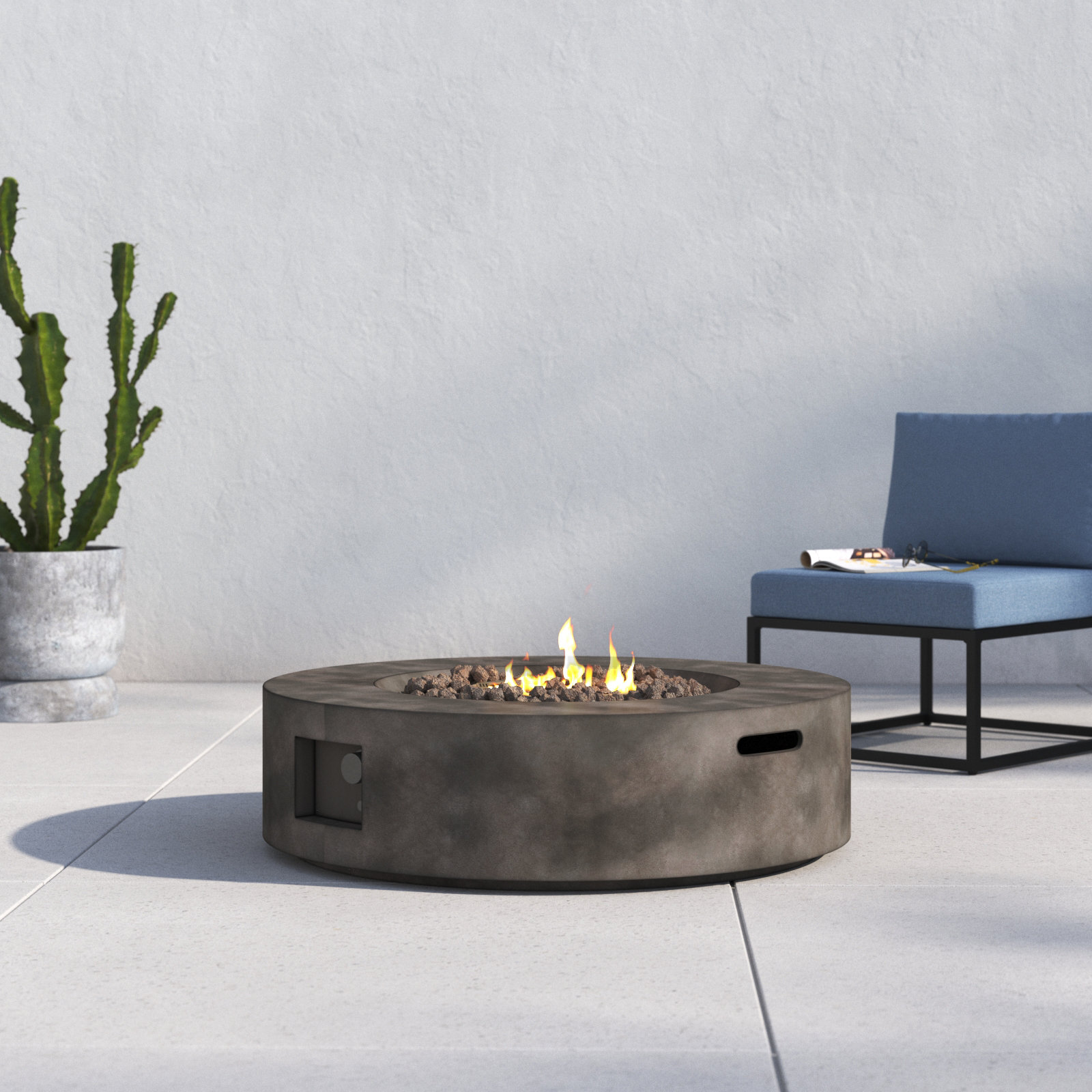 Rashid Concrete Outdoor Round Fire Pit Table, Charcoal, 12" H x 36" W x 36" D