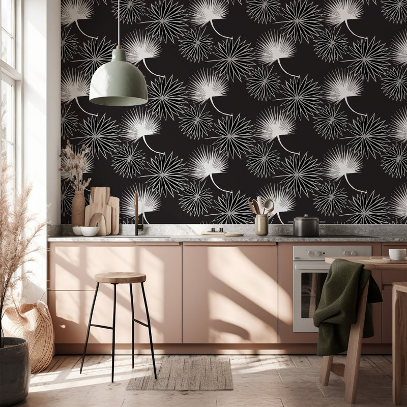 Cabbage Palm 10' L x 24" W Peel and Stick Wallpaper Roll, Black, Faux Grasscloth