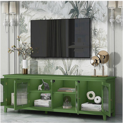 Meuble télé élégant de 71 pouces, meuble télé pour centre de divertissement, console de télévision, table télé, meuble multimédia, cadre en bois massif, porte en verre à longue plaque, poignée en métal, vert rétro, convient aux chambres d'enfants, aux chambres à coucher et aux salons