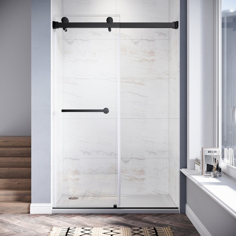 UKD01 46 to 49 in. x 80 in. H Frameless Double Sliding Shower Door with 3/8 in. (10mm) Clear Glass, Matte Black