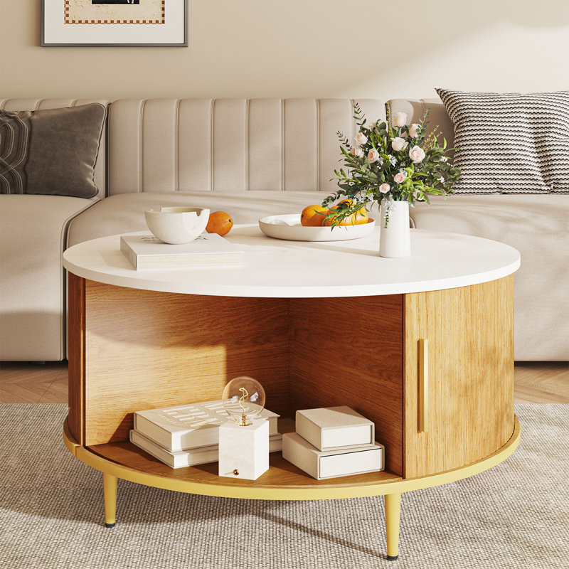 31.5" Modern Round Coffee Table With Hidden Storage: Flip-top Lid & Sliding Doors, White/Natural, Gold