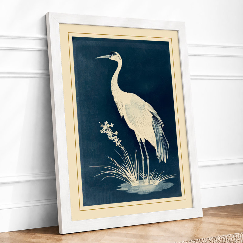 Crane Reflection Japandi Framed Art Print, A4 - 29.7 x 21.0 cm, White