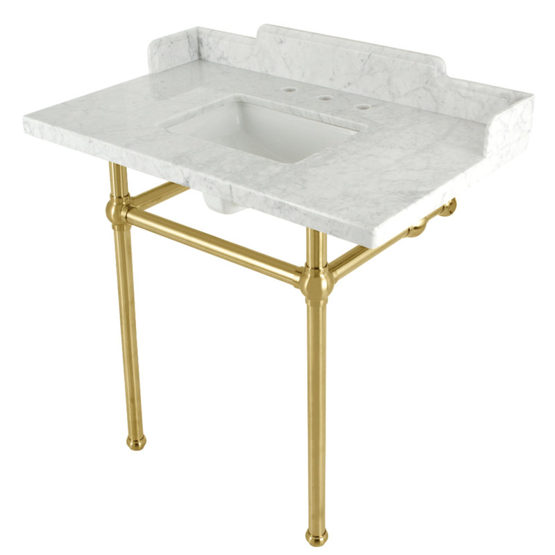 Kingston Brass Pemberton 36-Inch Carrara Marble Console Sink with Brass Legs (8-Inch, 3-Hole), Marble White/Brushed Brass