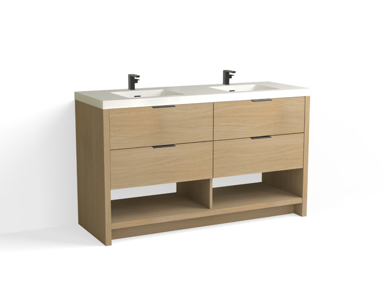 Vue 60" W Freestanding Double Bathroom Vanity, Glossy White/8" Widespread, Matte Black, White Nanomatte
