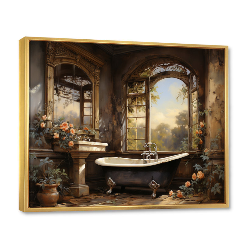 «Bathroom Vintage Elegance I» - Art mural de salle de bain, H 30 po x l 40 po x P 1,5 po, Cadre flottant doré