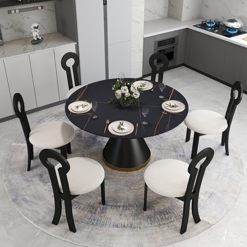 6 Seat Dining Table Set With Modern Key-shaped Dining Chairs, 7-piece Dining Set, Black, Black