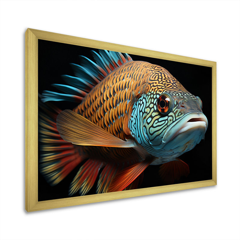 Portrait de poisson - art mural sur toile, Cadre doré simple, H 24 po x l 32 po x P 1 po