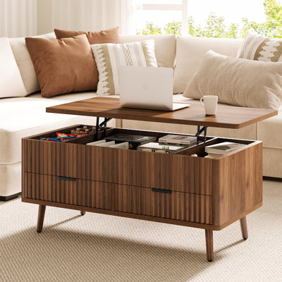Lift Top Coffee Table With Storage, Wood Coffee Tables For Living Room With Drawers & Hidden Compartment, Mid Century Modern Center Table，walnut