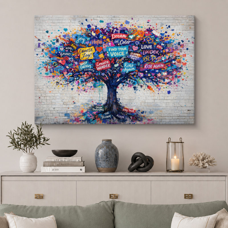 «Vibrant Dream Tree Graffiti», reproduction d'art sur toile encadrée, impression sur toile, H 32 po x l 48 po x P 1,5 po