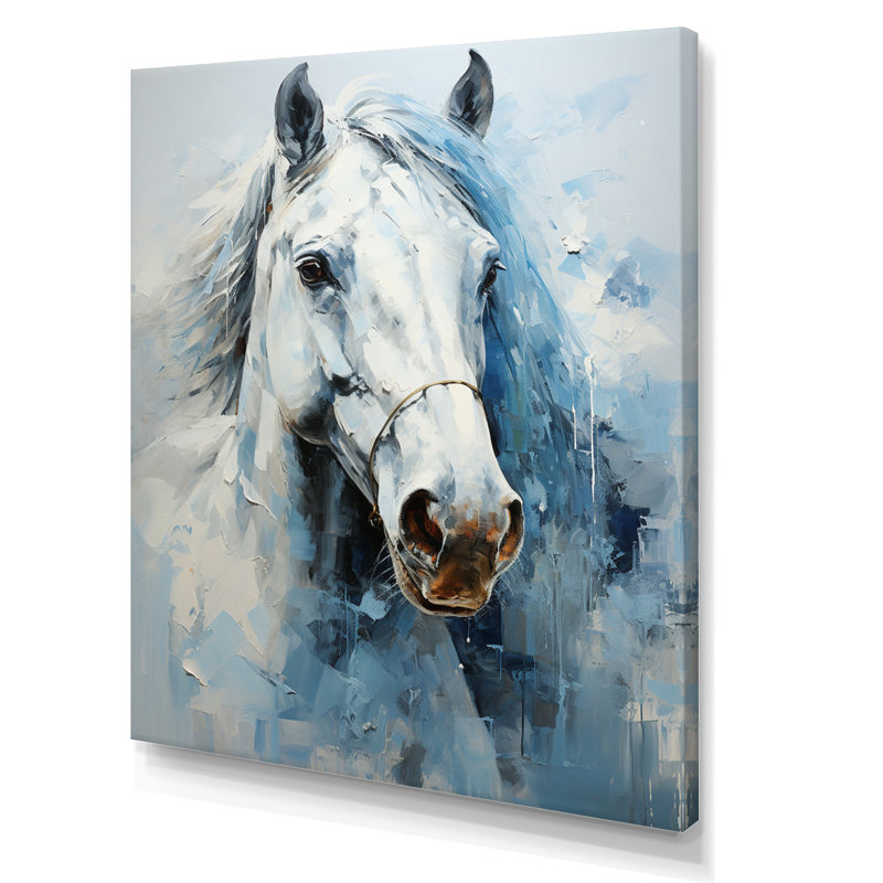Décoration murale cheval blanc blanc bleu sérénité révélée - pointillisme II, H 32 po x l 24 po x P 1 po, Toile tendue