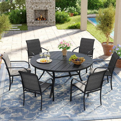 7-Pieces Round Patio Dining Set With Stackable PVC-coated polyester Chairs