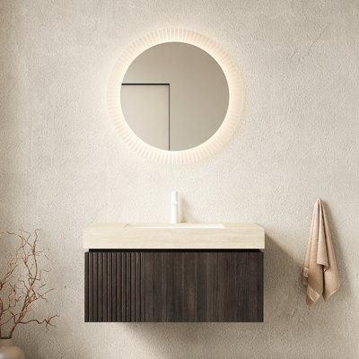 Meuble-lavabo de 91 cm (36 po), comptoir en pierre frittée, lavabo en céramique avec trou pour robinet, tiroir en contreplaqué avec système de fermeture amortie, préassemblé, lavabo suspendu beige, comptoir, porte, finition.