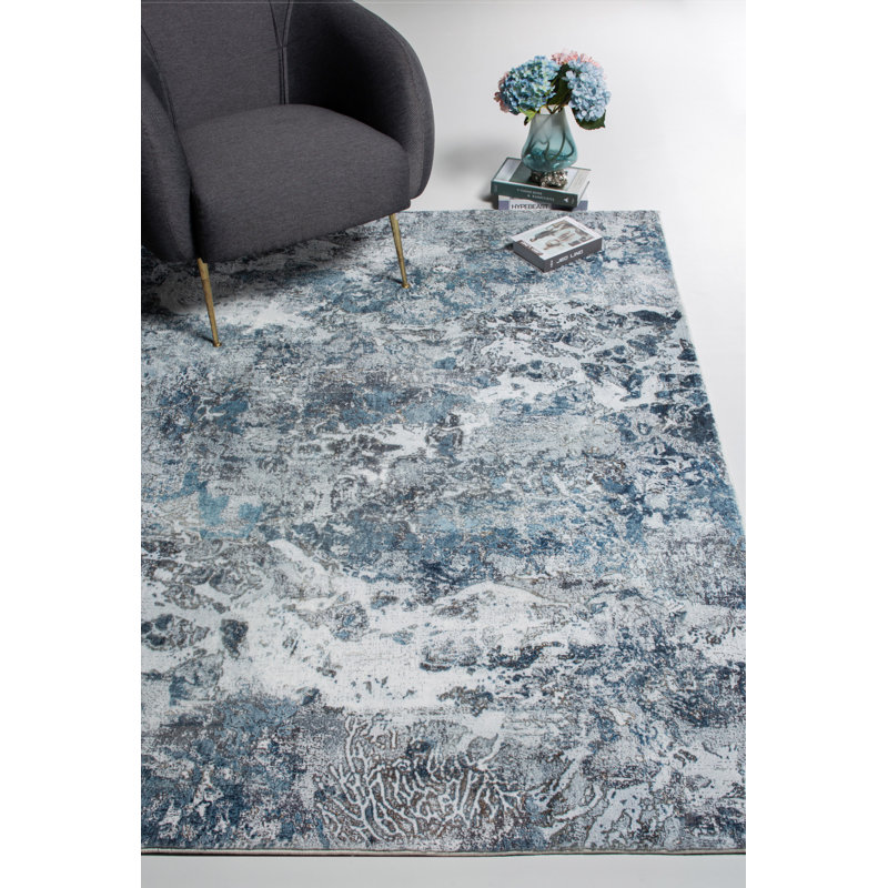 Tapis bleu et gris à motif abstrait Dhurrie 6 pi x 9 pi